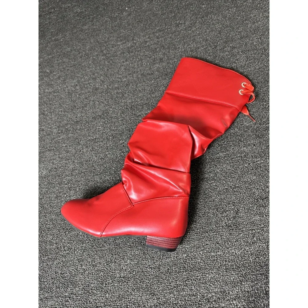 Women's Pull On Knee High Boots RED Shiny Faux Leather w/Decorative Ties 39 1109